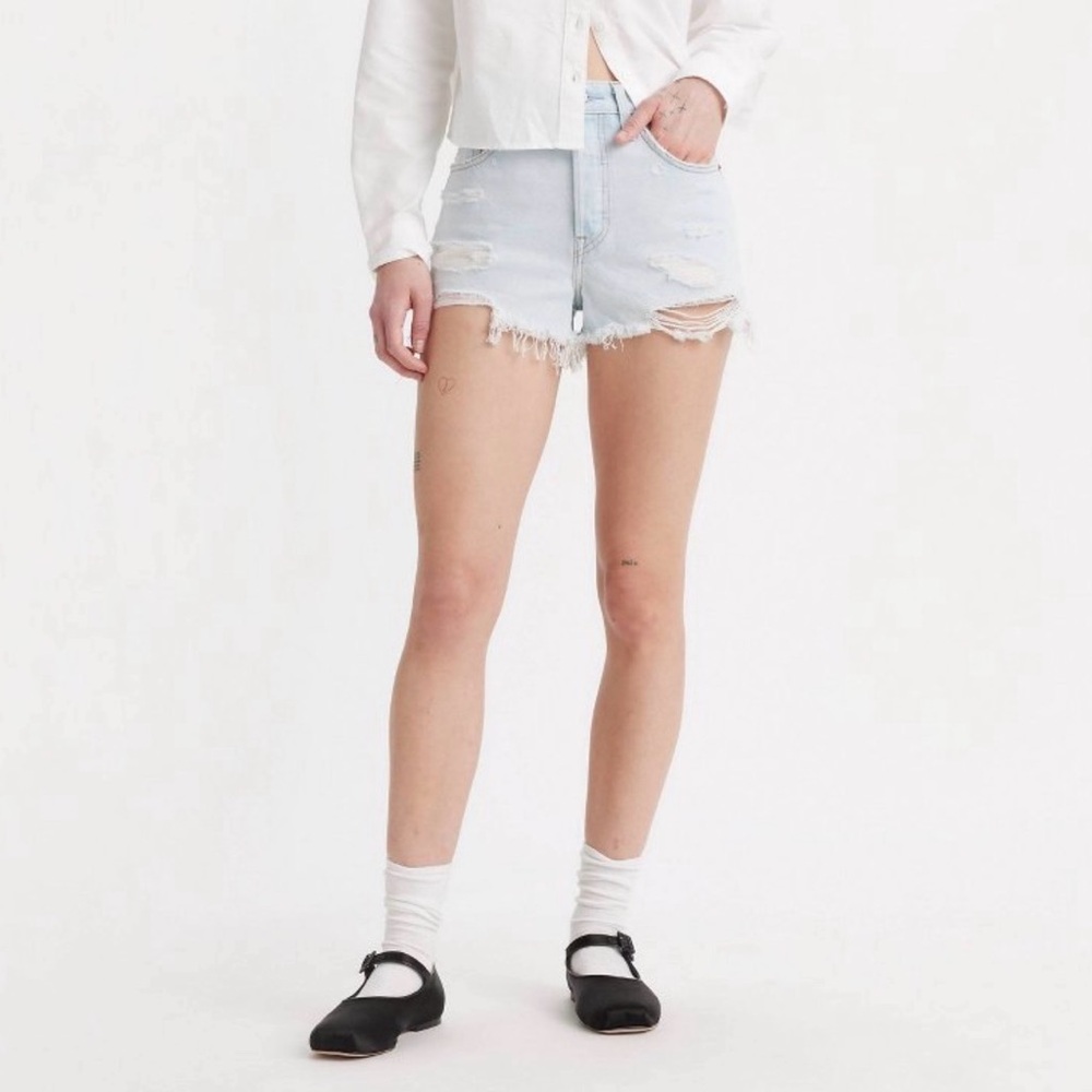 Levi's Light Blue Distressed High-Rise Jean Shorts